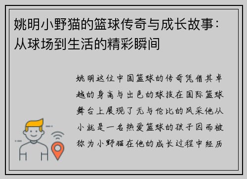 姚明小野猫的篮球传奇与成长故事：从球场到生活的精彩瞬间